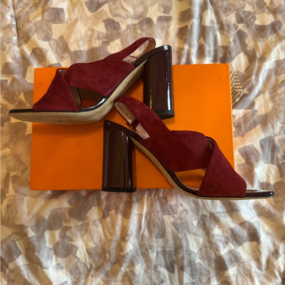 Kate Spade Chic Burgundy Suede Block Heel Sandals (Made in Italy)